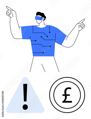 Man wearing augmented reality glasses with circuit design on shirt pointing outward. Nearby warning icon and currency symbol. Ideal for technology, finance, innovation, AR, cybersecurity, risk