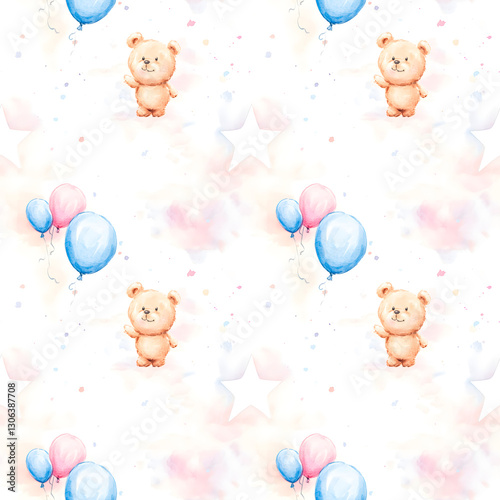 Pattern of teddy bears and balloons with a star in the middle. The teddy bears are holding balloons and the balloons are floating in the air. Scene is playful and whimsical
