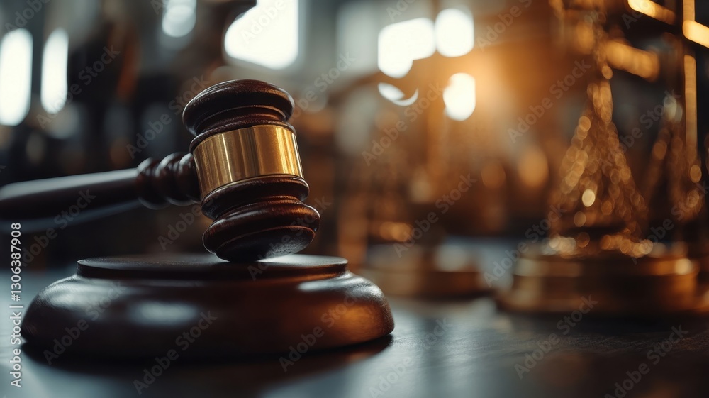 Courtroom gavel resting on wooden block with scales of justice in the background during a legal session Courtroom gavel resting on wooden block with scales of justice in the background during a legal session
