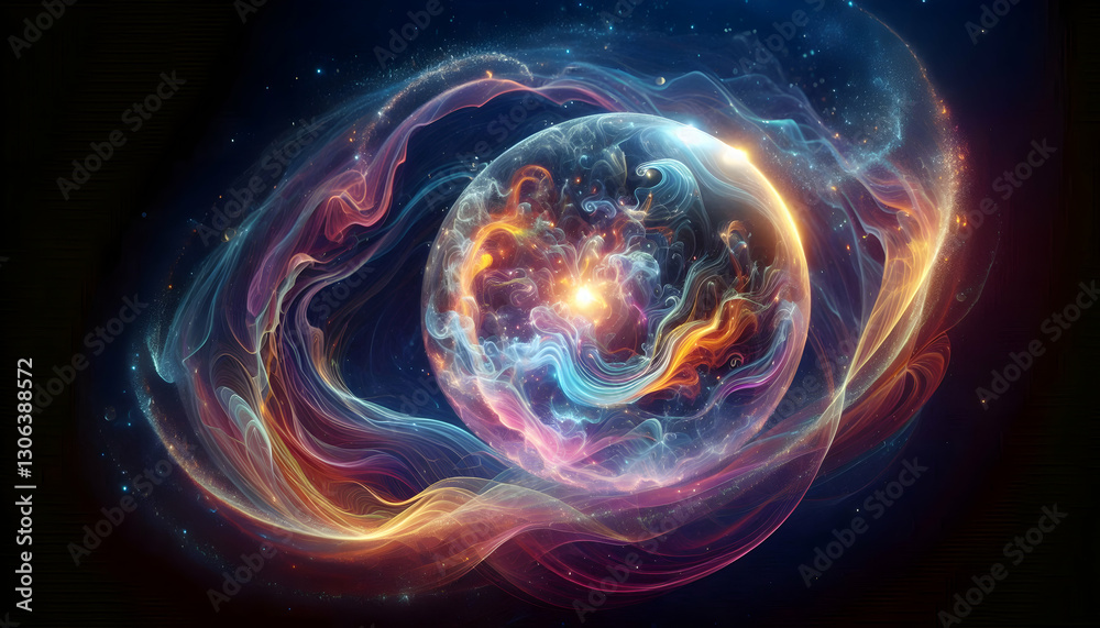 Obraz premium Law of attraction A glowing energy sphere hovering in space, emitting swirling waves of vibrant light, representing th3