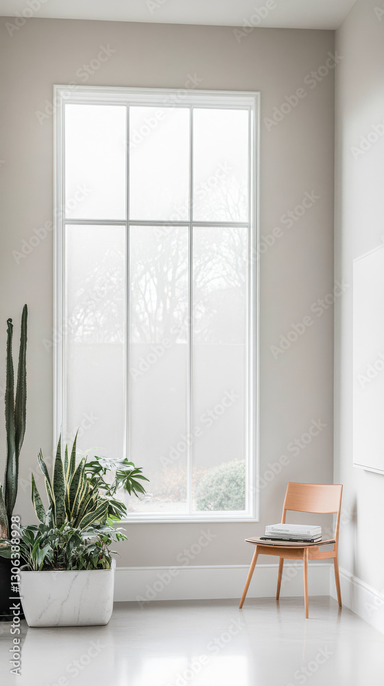 Fototapeta premium Natural light floods a minimalistic interior with plants and a wooden chair by the window
