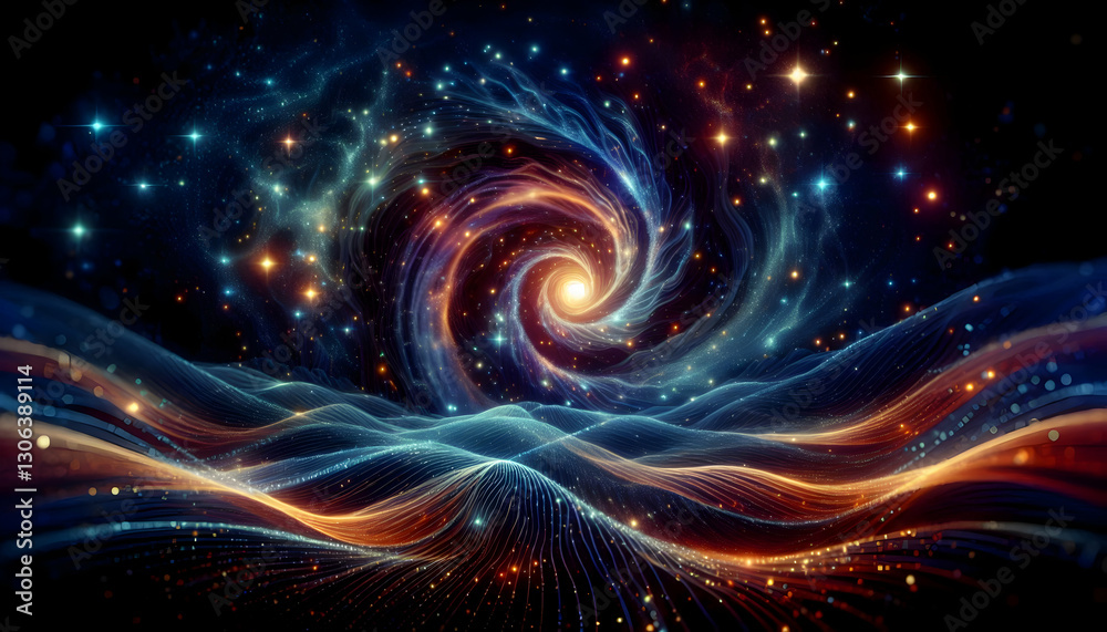 Obraz premium Law of attraction A dark, starry background with swirling waves of energy in blue, orange, and purple, made up of glow3