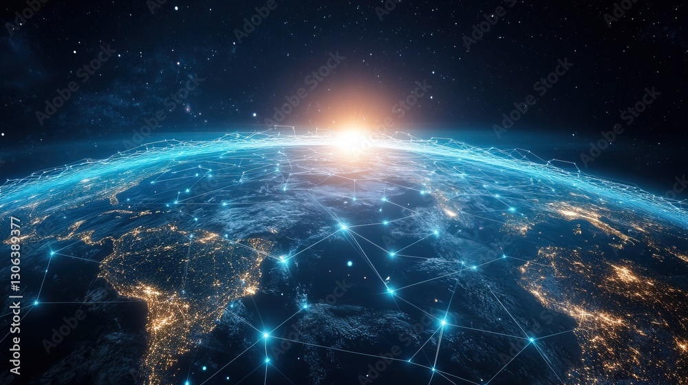 Obraz premium A digital rendering of satellites forming a global network, connecting continents with glowing lines