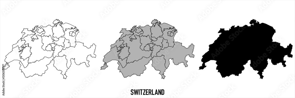 Fototapeta premium Switzerland - set of black, solid black, grey outline border map of country area. Simple flat vector illustration.