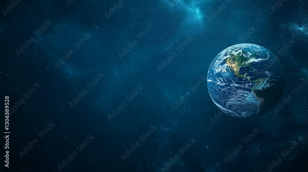 Fototapeta premium Earth globe floating in a dark, starry space with a soft ambient glow, minimalistic and abstract design, simple representation of planet Earth in cosmic environment.
