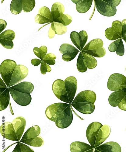 A vibrant pattern of green clover leaves on a white background, evoking a fresh and natural aesthetic.