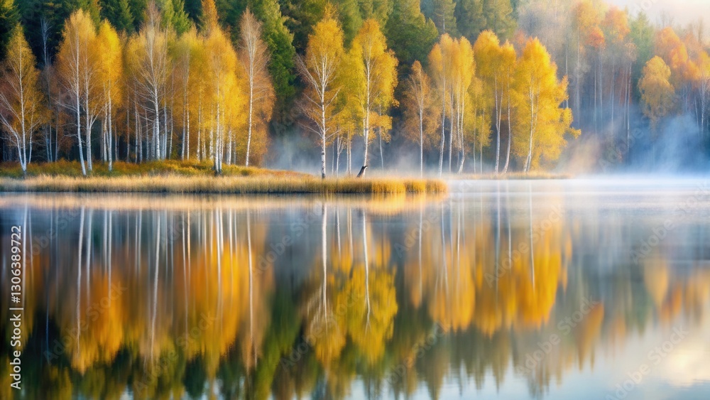 Serene Autumnal Reflection Golden Birch Trees Mirrored in a Misty Lake's Still Waters Serene Autumnal Reflection Golden Birch Trees Mirrored in a Misty Lake's Still Waters