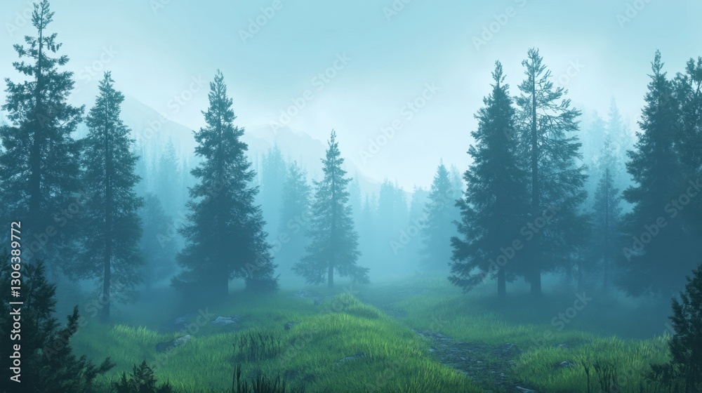 Fototapeta premium Serene Misty Forest with Towering Evergreen Trees