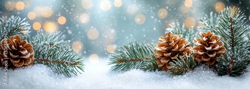 Snow-covered Pinecones and Evergreen Branches with Bokeh Winter Background