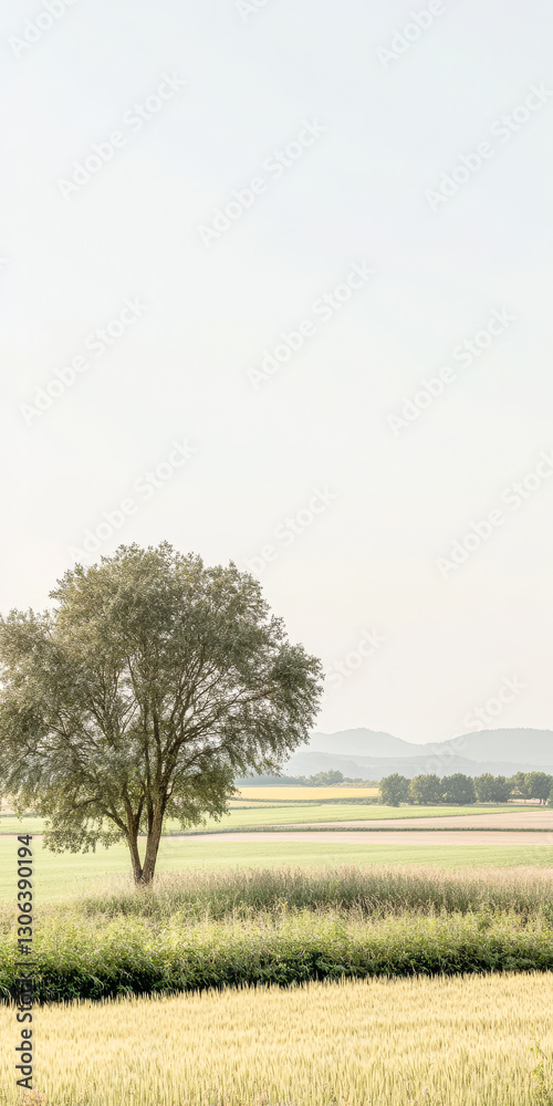 Serene landscape with lone tree surrounded by fields and distant mountains during daytime Serene landscape with lone tree surrounded by fields and distant mountains during daytime
