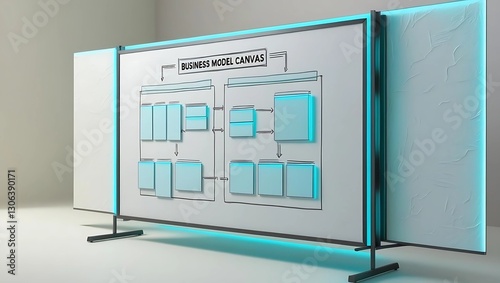 Structured digital whiteboard displaying a simplified business model canvas with glowing section dividers, subtle white-to-light-gray gradient background emphasizing organization and planning  

