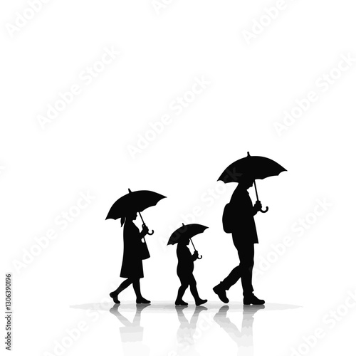 Family silhouettes walking with umbrellas in light rain, togetherness