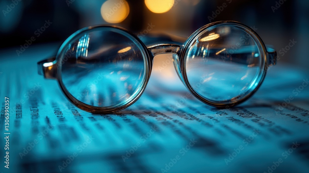 Round reading glasses on newspaper with warm bokeh background Round reading glasses on newspaper with warm bokeh background