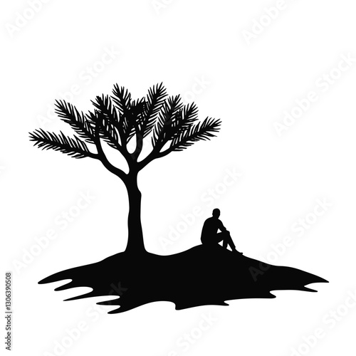 Lonely silhouette sitting under a desert tree, solitude in nature