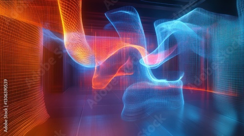 Glowing particle streams flow in dark room with grid background