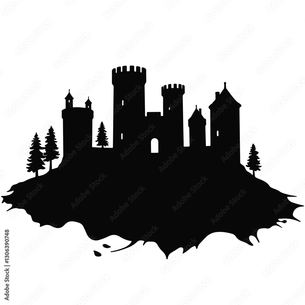Silhouette of ancient fortress with trees on white background, symbolism Silhouette of ancient fortress with trees on white background, symbolism
