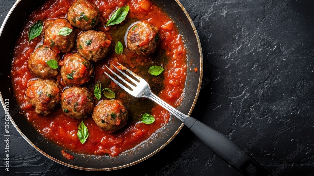 Baked fluffy Meatballs in a rich tomato sauce into flying pan,Meatballs in ceramic bowl on table,tomato sauce,italian pasta,Spanish Albondigas,Meatball day,space for text. Baked fluffy Meatballs in a rich tomato sauce into flying pan,Meatballs in ceramic bowl on table,tomato sauce,italian pasta,Spanish Albondigas,Meatball day,space for text.
