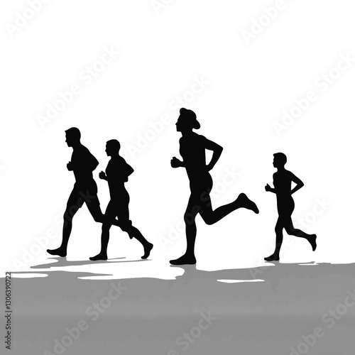 Silhouettes of runners jogging on a beach at sunset, fitness motivation