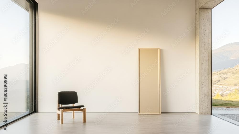 Fototapeta premium Modern minimalist interior design showcasing a single chair and cabinet near large windows