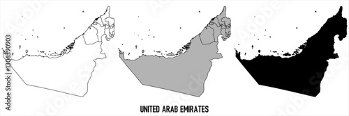United Arab Emirates - set of black, solid black, grey outline border map of country area. Simple flat vector illustration.