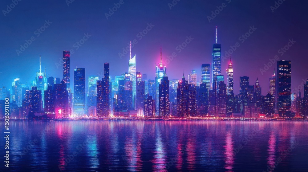 Fototapeta premium Futuristic city skyline illuminated by neon lights during a night scene