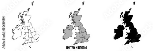 United Kingdom - set of black, solid black, grey outline border map of country area. Simple flat vector illustration.