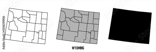 Wyoming - set of black, solid black, grey outline border map of country area. Simple flat vector illustration.