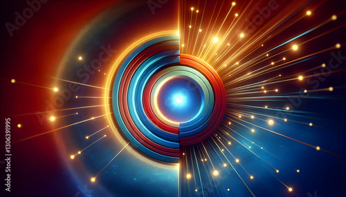 Law of attraction A bright blue light at the center of concentric rings, surrounded by warm and cool colors, represent3