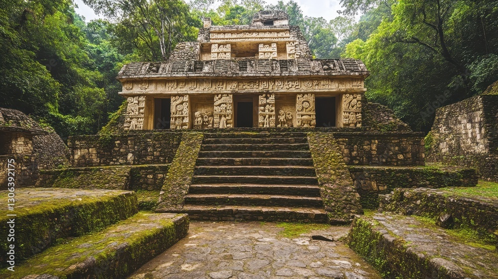 Obraz premium Ancient mayan temple in dense jungle with stone carvings and steps in palenque, mexico