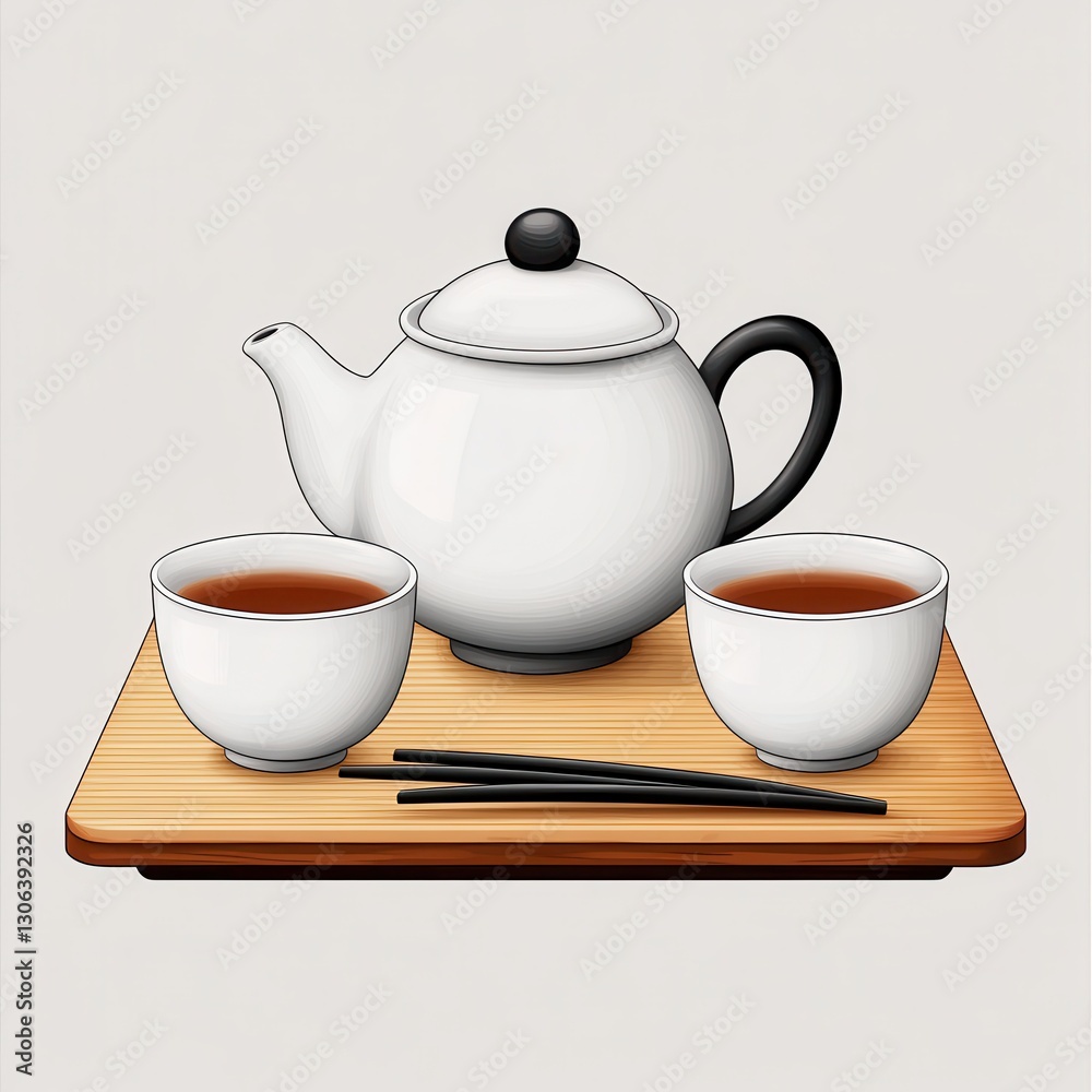 A white teapot with two cups of tea and chopsticks on a wooden tray, creating a serene tea-drinking setup. A white teapot with two cups of tea and chopsticks on a wooden tray, creating a serene tea-drinking setup.