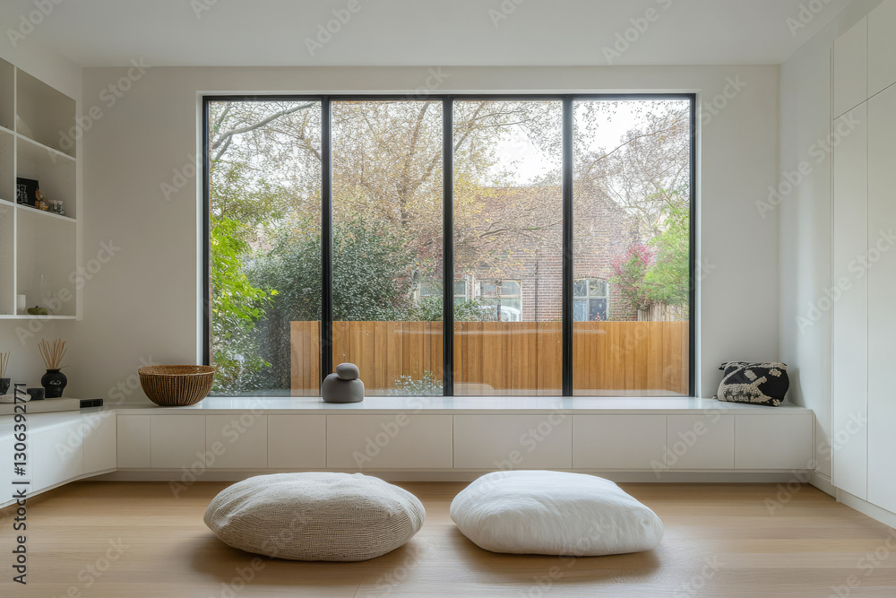 Fototapeta premium Modern living room interior with large windows showcasing a serene outdoor view