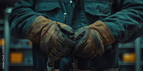 Worker wearing heavy duty gloves holding hands together in workshop