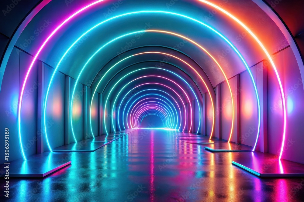 Abstract Neon Tunnel Vibrant Circular Lights Reflecting on a Wet Floor