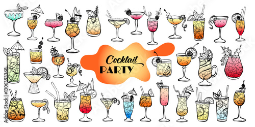 Alcoholic cocktails collection. Hand drawn line vector illustration. Colorful gradient sketch set. Tropical and classical cocktails. Scribble drawings for cocktail party invitations, cafe an restauran