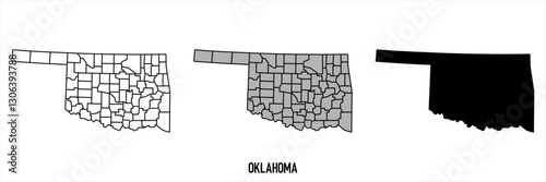 Oklahoma - set of black, solid black, grey outline border map of country area. Simple flat vector illustration.