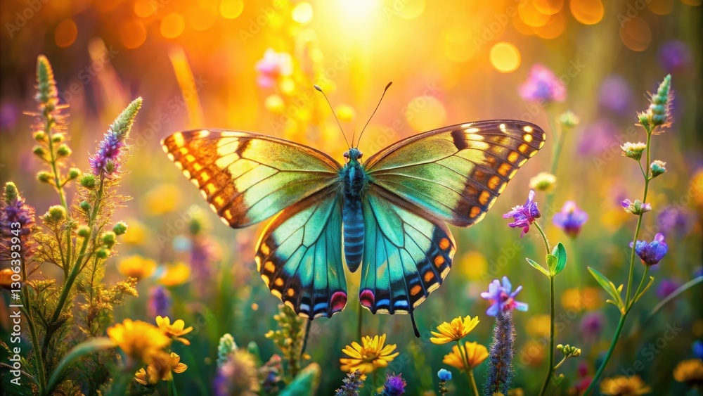Vibrant Butterfly Wings Amongst a Field of Blooming Wildflowers Bathed in Golden Sunlight Vibrant Butterfly Wings Amongst a Field of Blooming Wildflowers Bathed in Golden Sunlight
