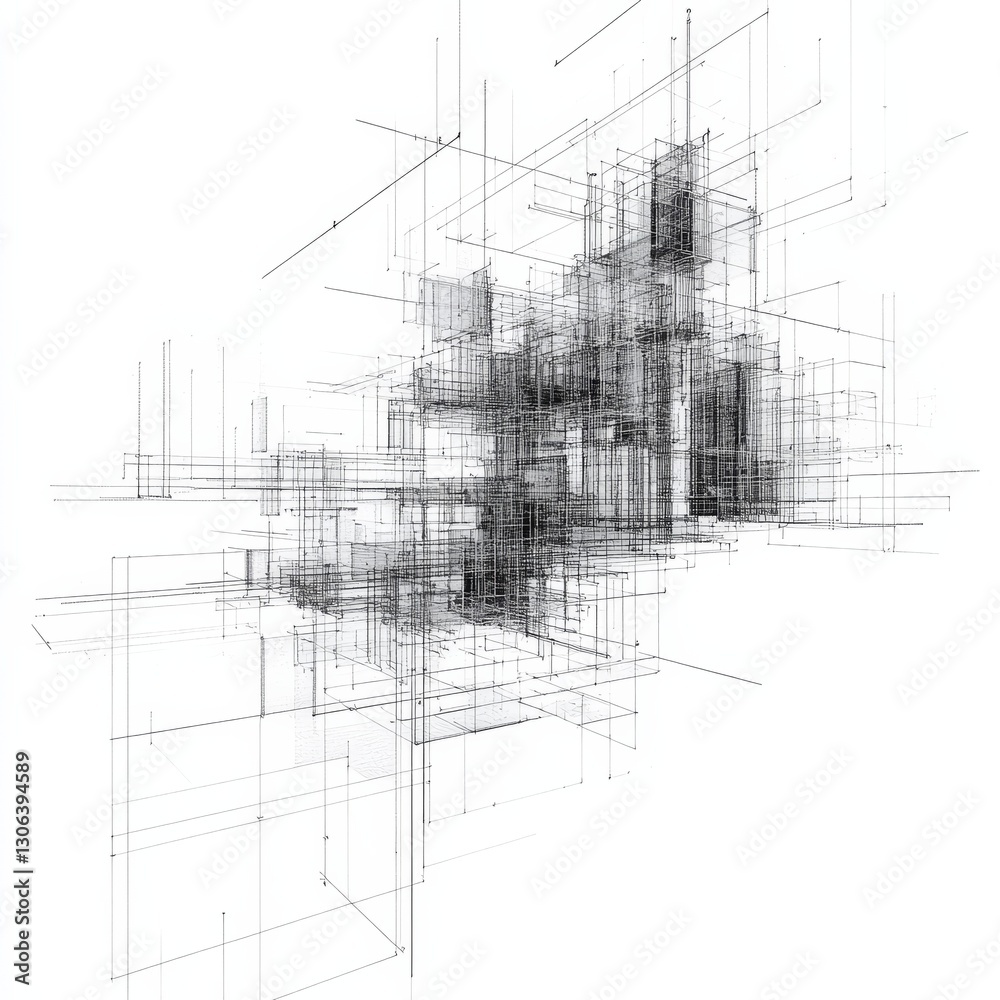 Fototapeta premium Abstract Architectural Lines on White Background Depicting a Complex Cityscape Structure