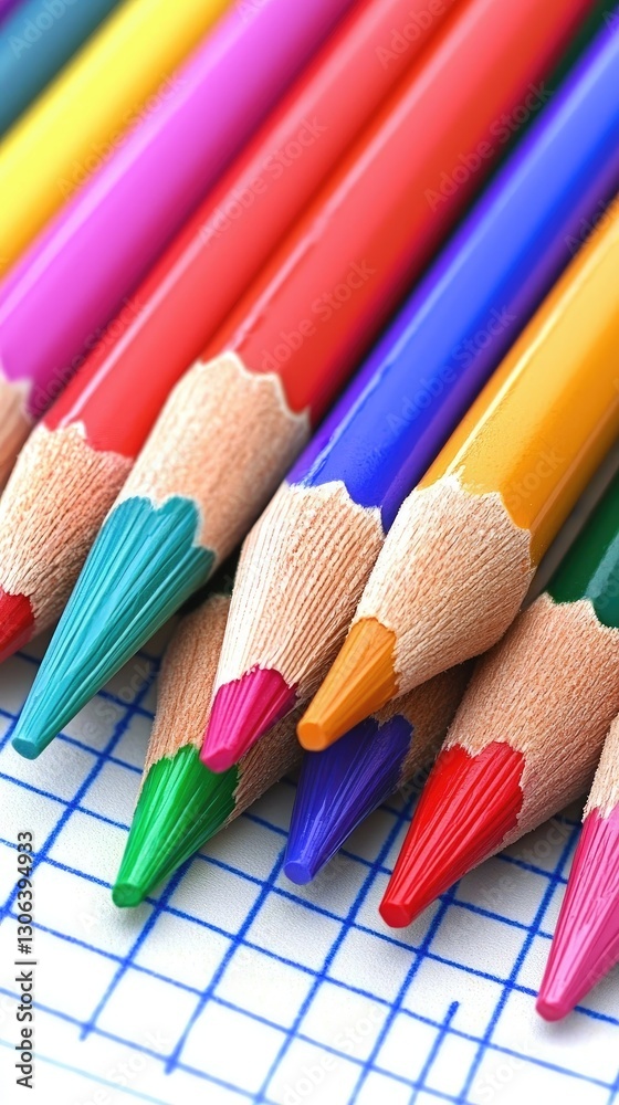 Colorful pencils on graph paper; back to school supplies Colorful pencils on graph paper; back to school supplies