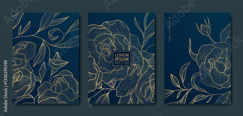 Vector set of golden flower vintage cards, elegant leaf line frames, japanese style invitations. Memory, funeral templates, greeting luxury backgrounds.