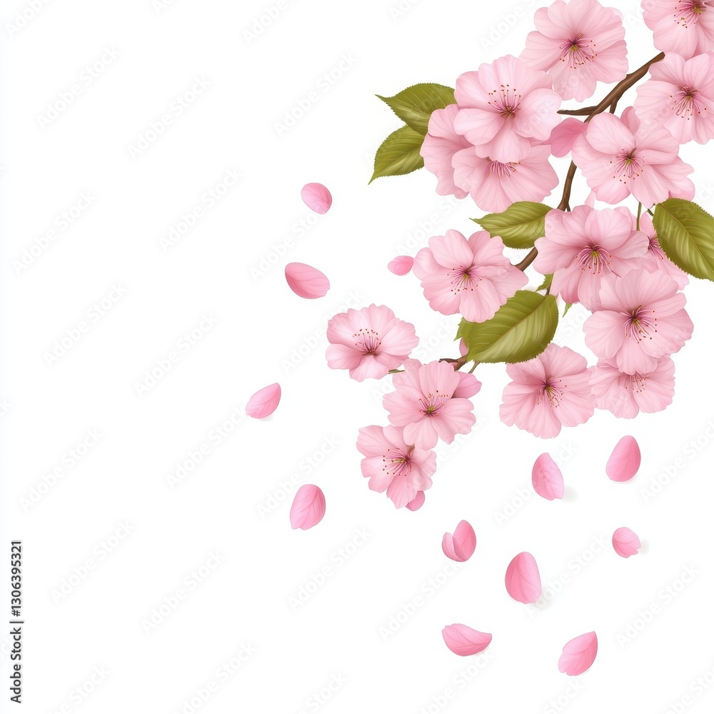 A delicate arrangement of pink blossoms with scattered petals against a clean white background, evoking beauty and tranquility. A delicate arrangement of pink blossoms with scattered petals against a clean white background, evoking beauty and tranquility.