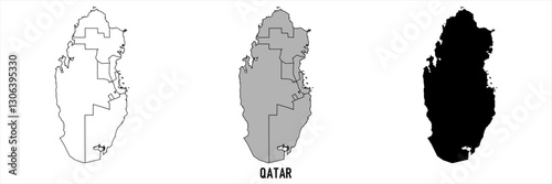 Qatar - set of black, solid black, grey outline border map of country area. Simple flat vector illustration.