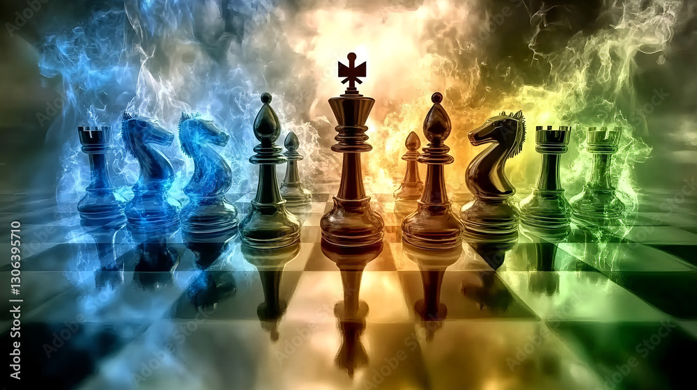 Epic chess battle strategy showdown fantasy realm digital art colorful atmosphere front view intense competition