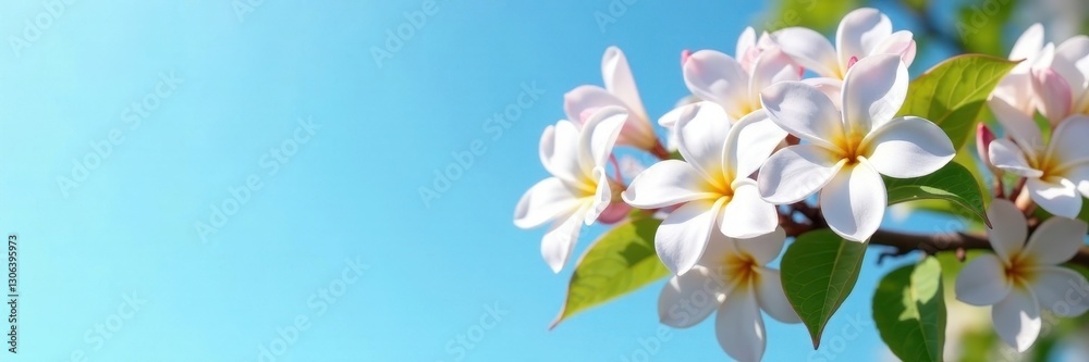 Clusters of jasmine flowers, sunny blue sky backdrop, blossoms, nature Clusters of jasmine flowers, sunny blue sky backdrop, blossoms, nature
