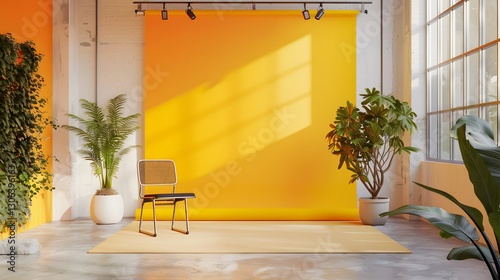 A minimalist studio room featuring a vibrant yellow gradient wall as the backdrop, offering a dynamic and modern setting for various design projects