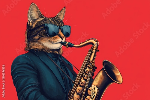 A stylish cat wearing sunglasses and a blazer, playing a saxophone with a confident demeanor illustration