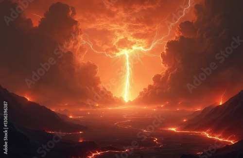 Cosmic Armageddon Judgement Day of Planet Earth. Lightning strikes city, inferno flames. Red apocalyptic sky, dark dramatic clouds. Hell catastrophe, dangerous disaster. Global cataclysm, awful war.