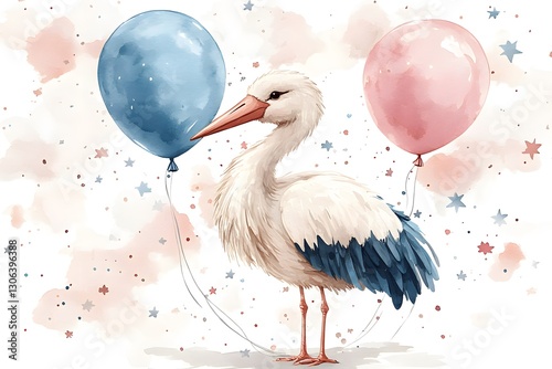 Baby bird holding two balloons in its beak. The balloons are blue and pink. The bird is standing on a white background