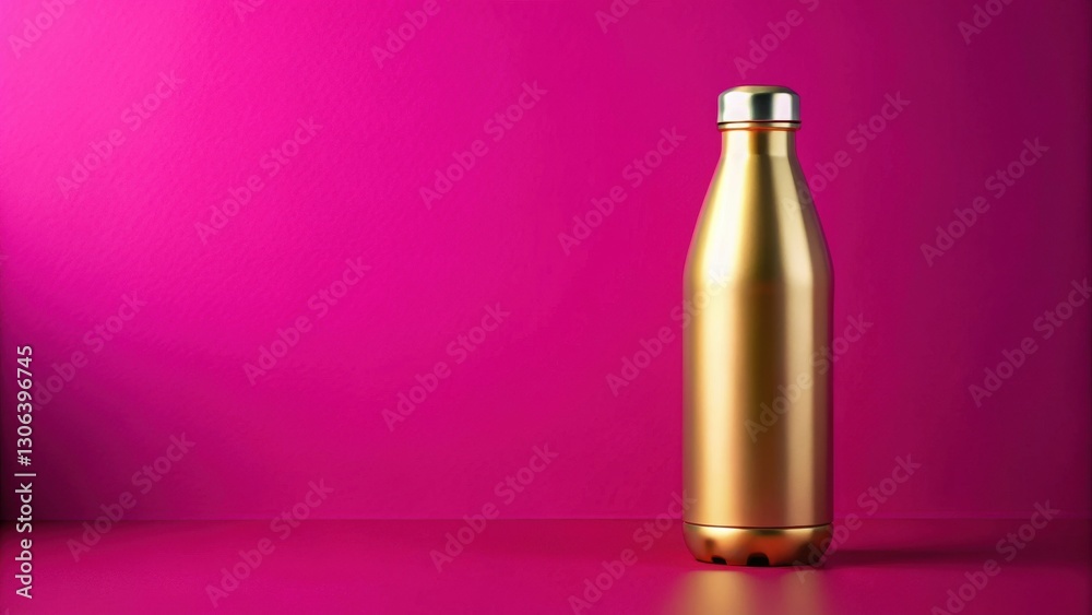 A stylish gold-toned hydration bottle stands elegantly against a vibrant fuchsia backdrop. Its sleek design and metallic finish exude sophistication and modern appeal. A stylish gold-toned hydration bottle stands elegantly against a vibrant fuchsia backdrop. Its sleek design and metallic finish exude sophistication and modern appeal.