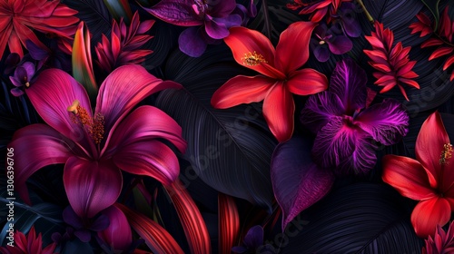 Vibrant Red And Purple Tropical Flowers On Dark Background