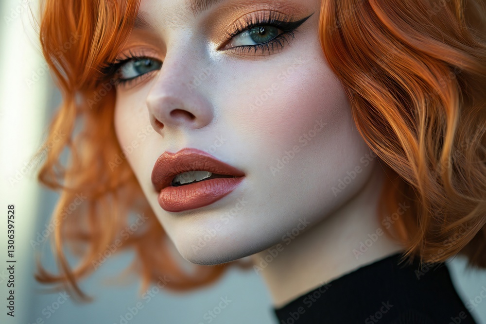 Fototapeta premium Beautiful transgender with Orange balayage , hair coloring technique. Beauty model transgender with short soft wavy hair . curly hairstyle dye .Fashion, cosmetics and makeup